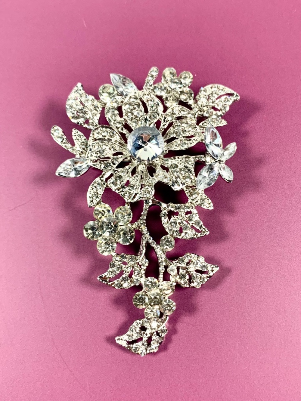 Cottagecore Flower & Butterfly Brooch Pin Sparkly Clear Rhinestones Silver tone